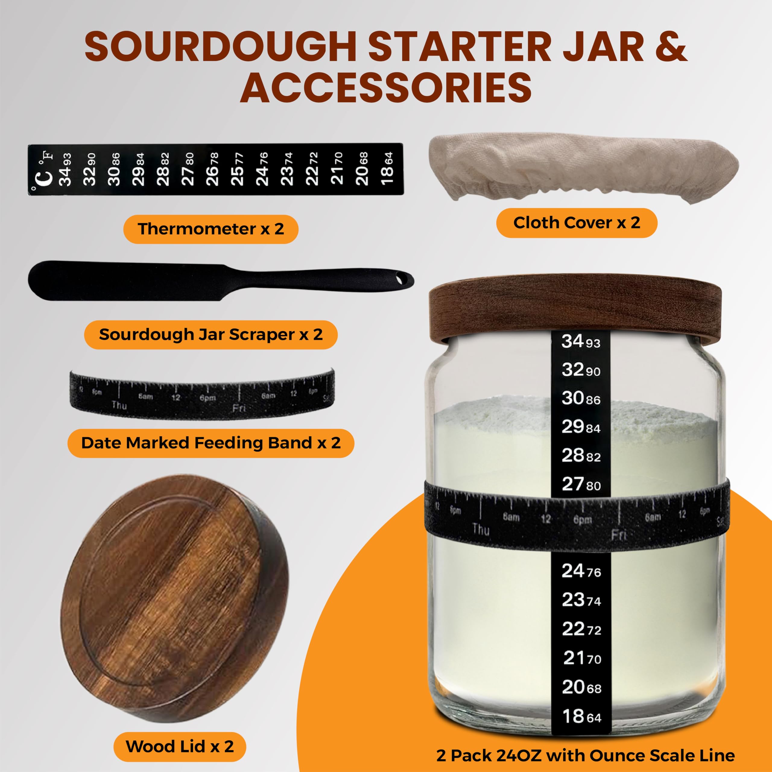 NAYYAB PRODUCTS Sourdough Starter Jar Kit Pack Of 2, 24oz Jar with Wooden lids, Ounce Scale Line, Silicon Scraper, Cloth Cover, Thermometer Sticker, Date Marked Feeding Band, Canning Jars