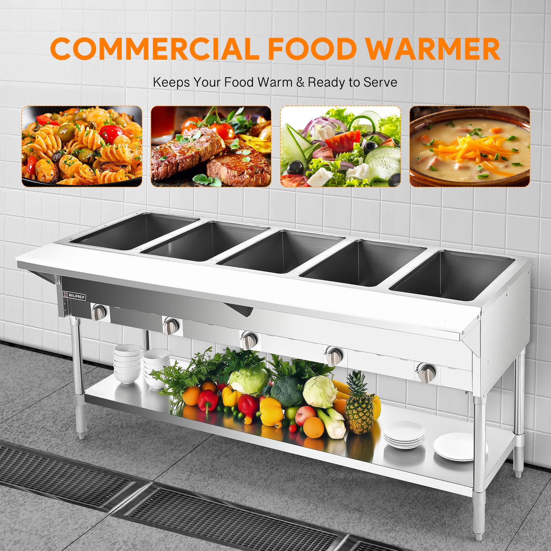 WILPREP 5 Well Natural Gas Food Warmer, 17,500BTU Commercial Gas Steam Table with 8" Cutting Board & Storage Shelf, 72" LP NG Stainless Steel Steam Table Food Warmer for Catering Buffets Restaurants