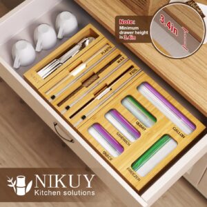 NIKUY 9 IN 1 Bamboo Foil and Plastic Wrap Organizer for Kitchen Drawer, Plastic Bag Organizer Organization and Storage, Food Storage Bag Organizer with Labels for Quart Gallon Snack Sandwich Bag