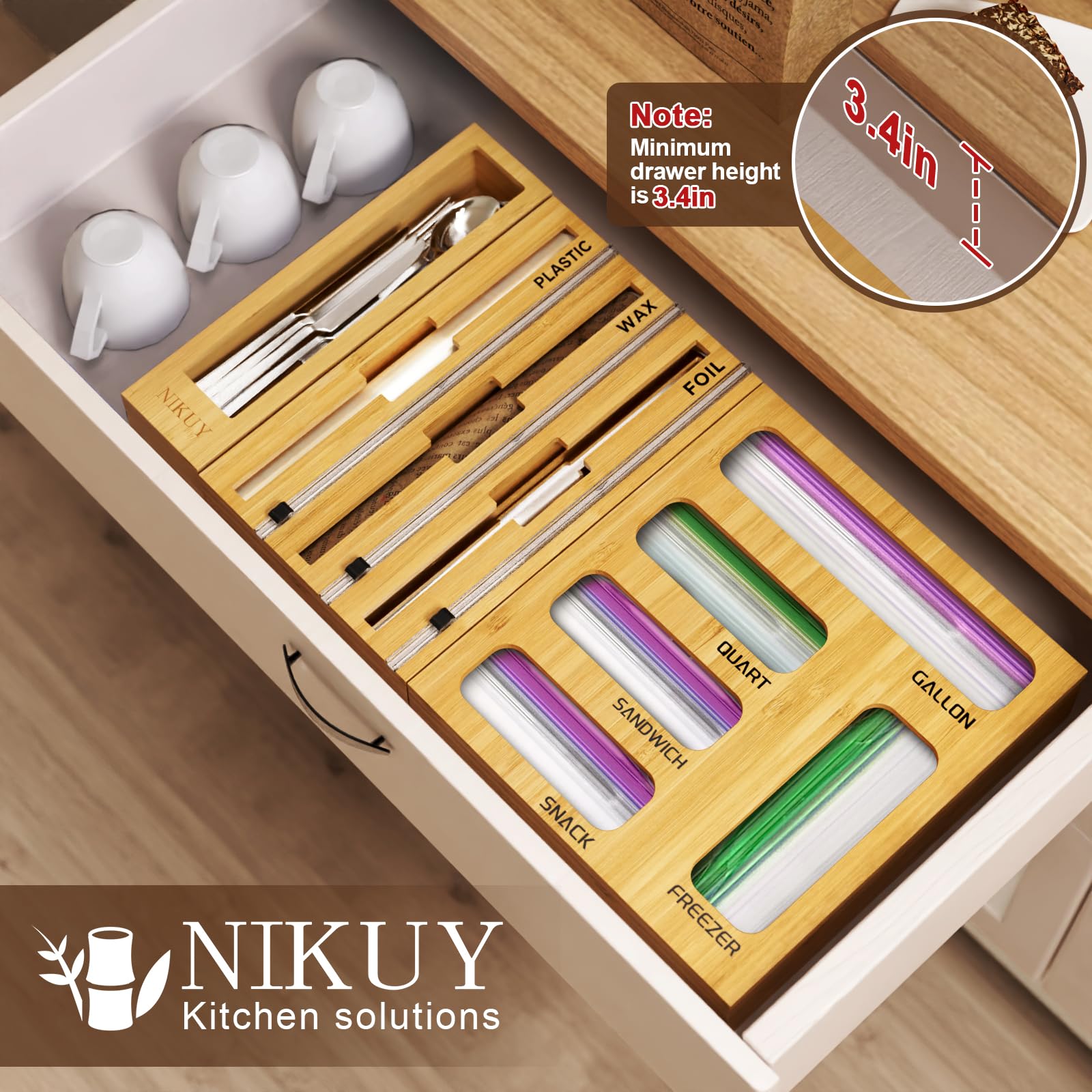 NIKUY 9 IN 1 Bamboo Foil and Plastic Wrap Organizer for Kitchen Drawer, Plastic Bag Organizer Organization and Storage, Food Storage Bag Organizer with Labels for Quart Gallon Snack Sandwich Bag