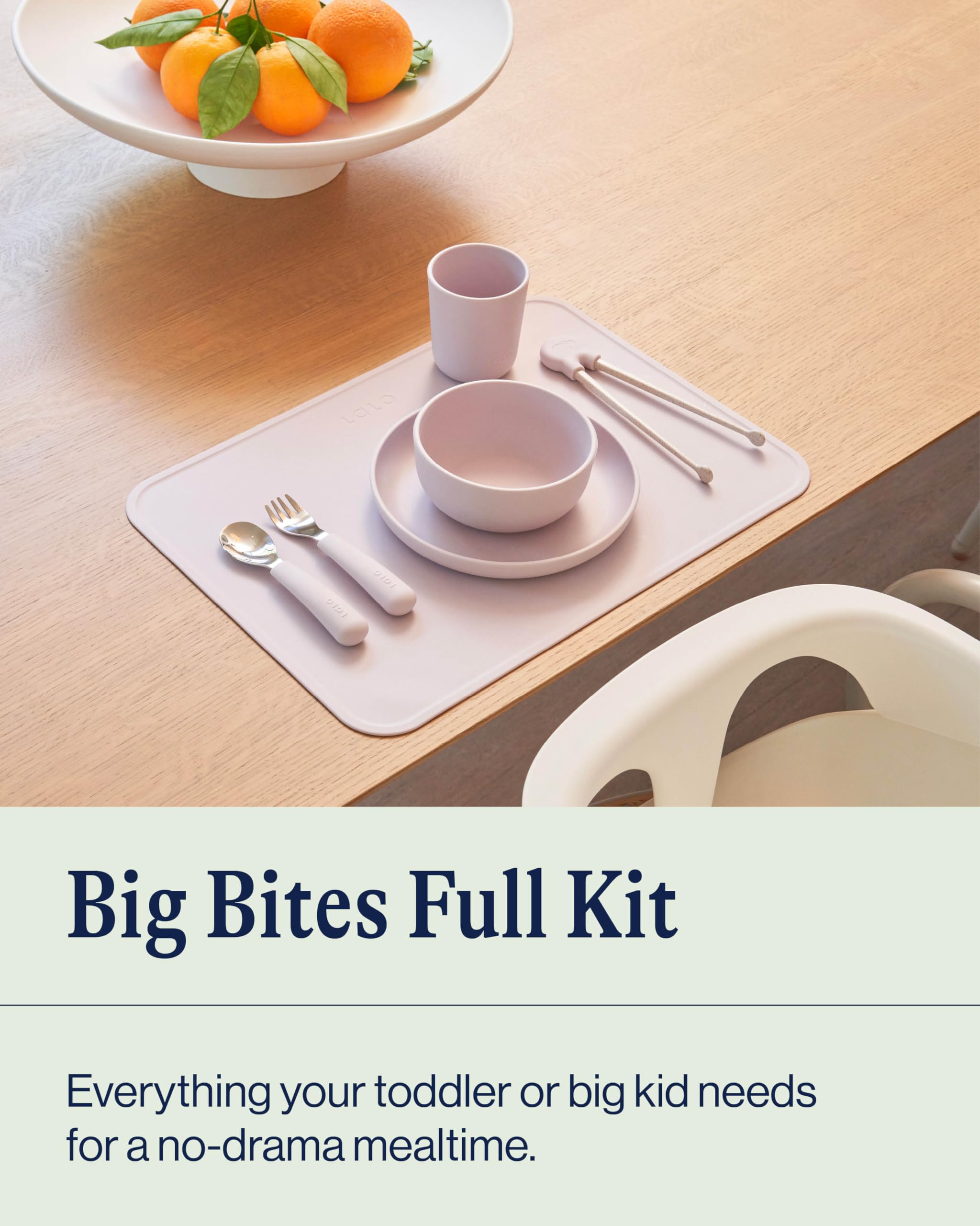 Lalo Big Bites Kids Dinnerware Full Set - Dishwasher Safe, BPA Free, Kids Tableware Set - Includes Stackable Bowl, Plate, Utensils & Cup - 7 Pieces - Sage