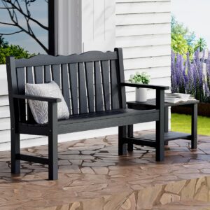 LAHAAP Outdoor Rocking Chairs Set, Weatherproof HIPS Outdoor Furniture, Include 2 Patio Rocking Chairs + Outdoor Bench, Suit for Garden, Porch, Lawn & Backyard(Black)