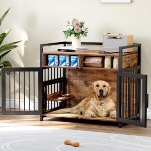 GarveeLife Large Dog Crate Furniture, 41inch Furniture Dog Crate with Drawers Storage, 360°and Adjustable Raised Feeder, Wooden Dog Crate for Large/Medium Dog Indoor Brown 41inch