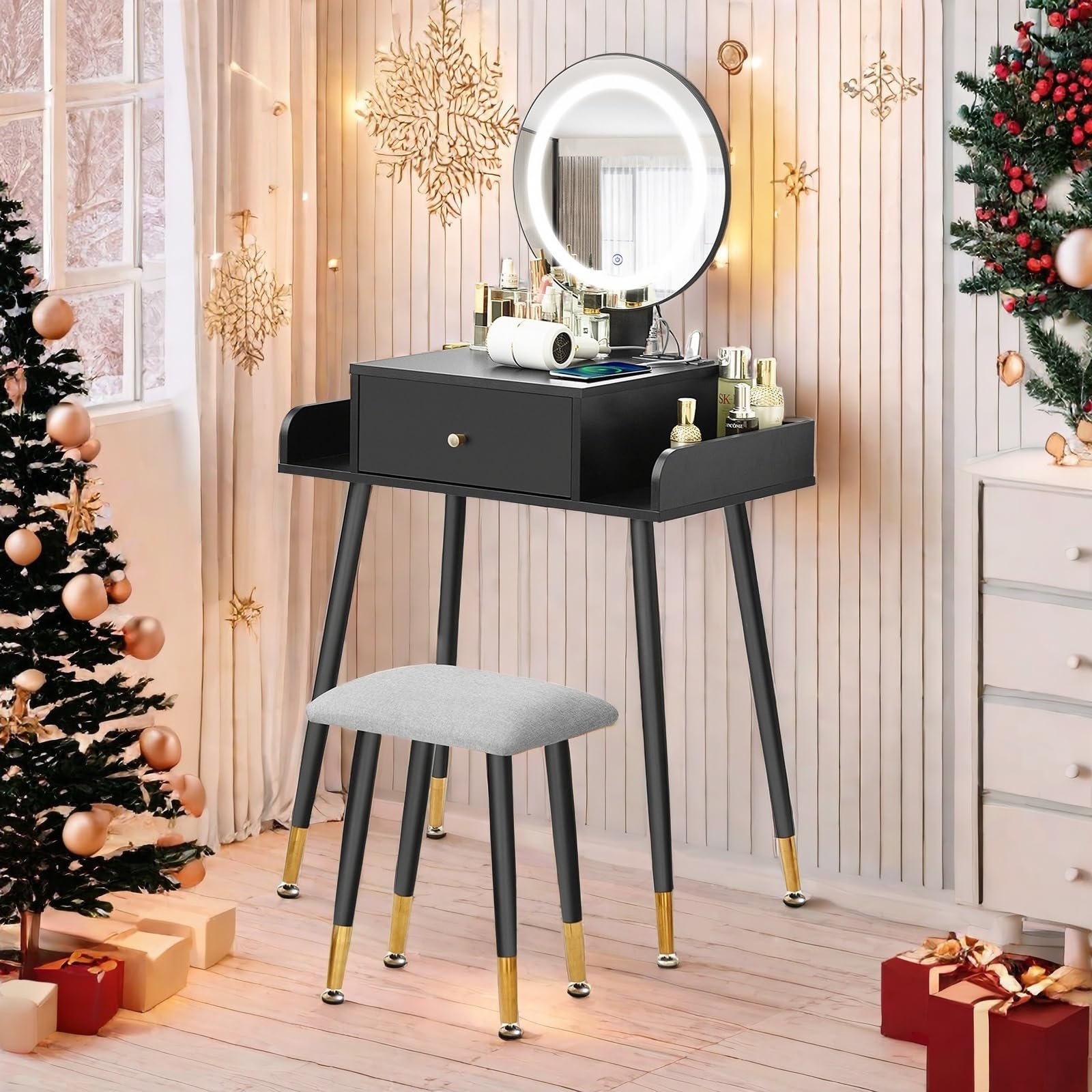 JanflyHome Vanity Desk, Makeup Vanity Desk with Mirror and Lights, 3 Color and Brightness Adjustable, Vanity Table with Power Outlet & Cushioned Stool, Small Vanity for Girls Bedroom, Black