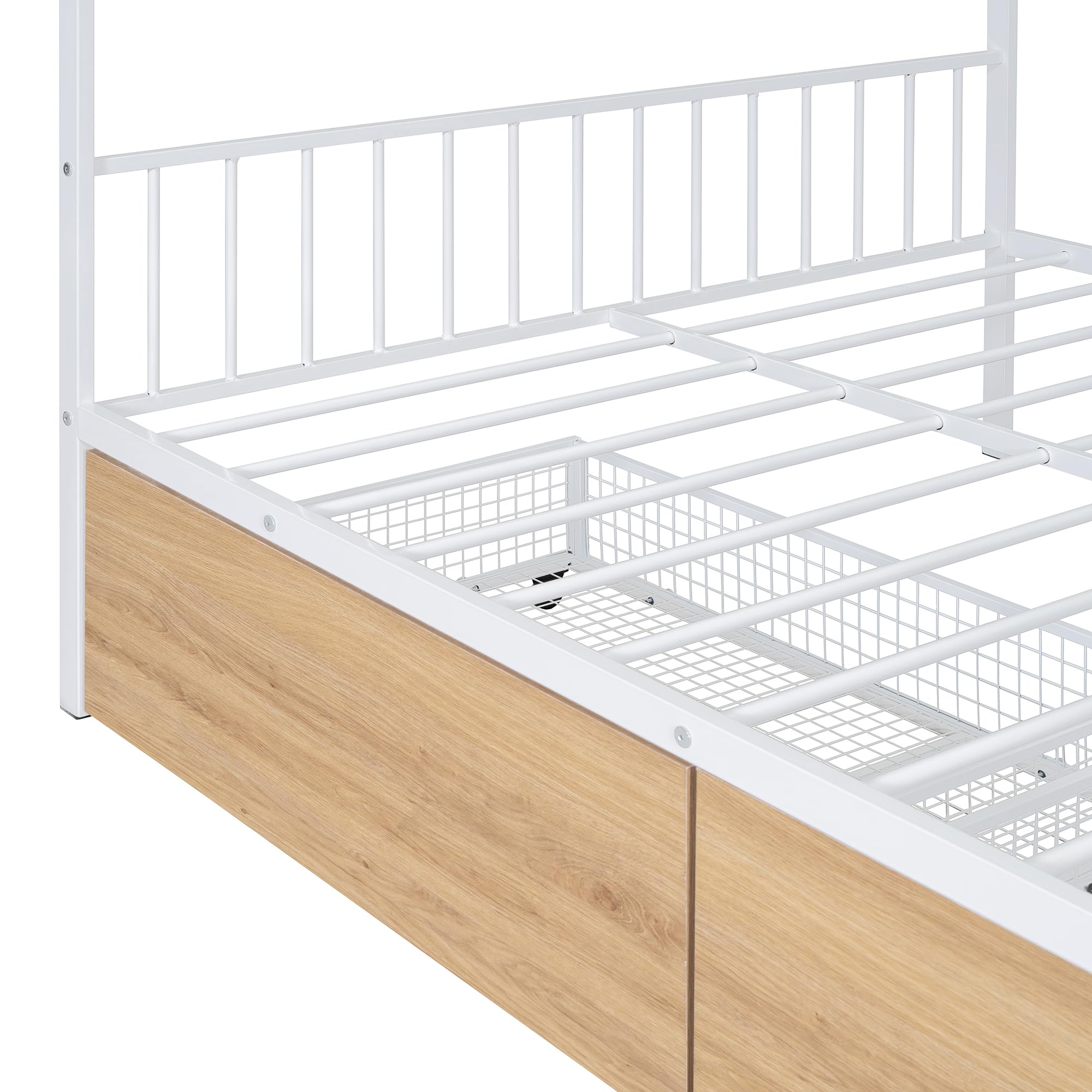 Metal House Bed for Kids, Full Size Bed Frame with Storage Drawers and Slats, Kids Bed Frame with Headboard and Footboard, Full Size House Bed for Kids, Girls, Boys(Full White)