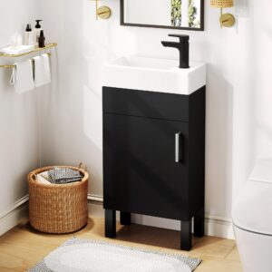 dwvo 16 inch bathroom vanity sink combo for small space, freestanding bathroom cabinet with undermount ceramic sink, modern bathroom storage vanity soft-close doors, black