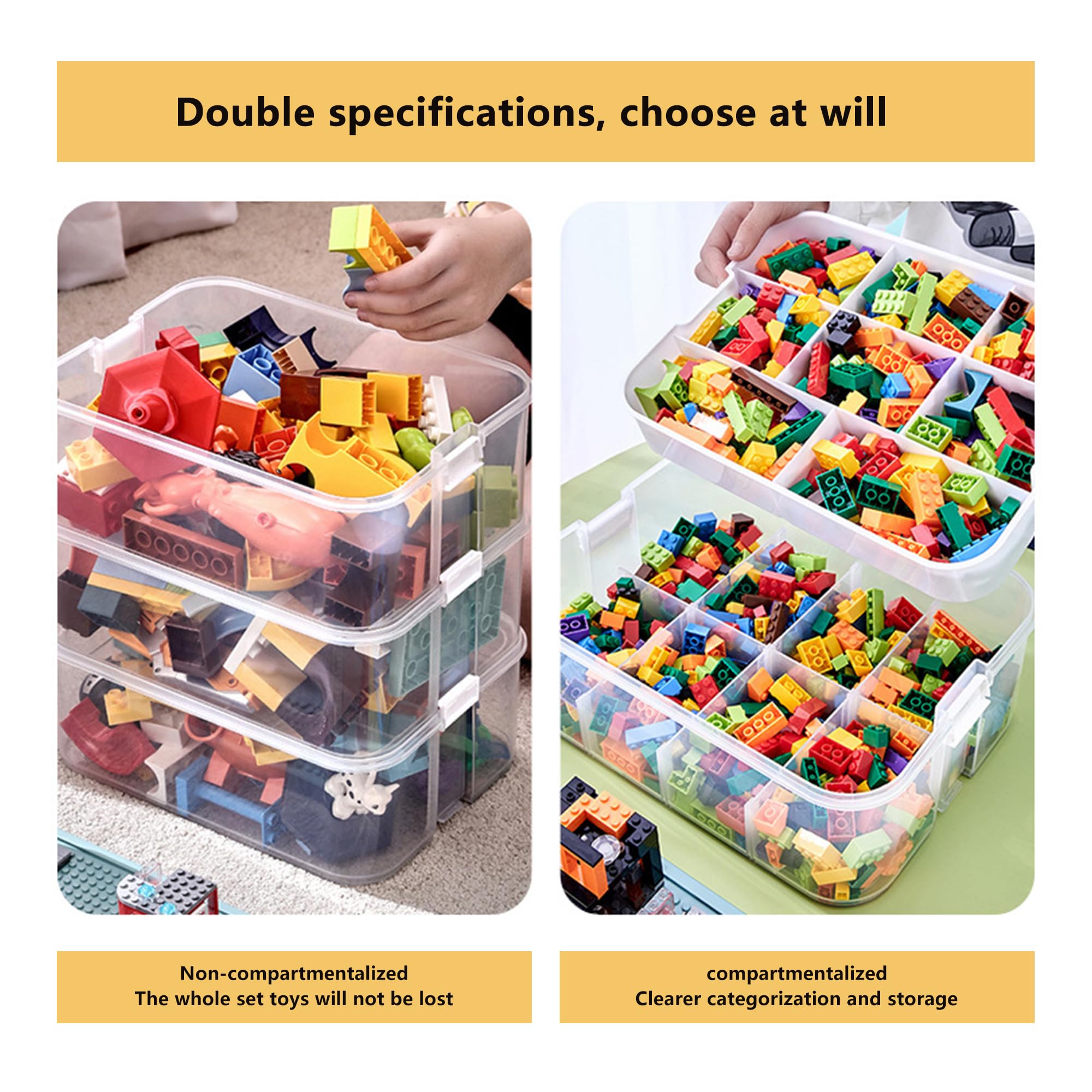 Building Blocks Storage 1 Layer Plastic Toy Storage Organizer for Lego Box Clear Toy Storage Bins with Baseplate Lid and Removable Tray for Bead Tool Sewing