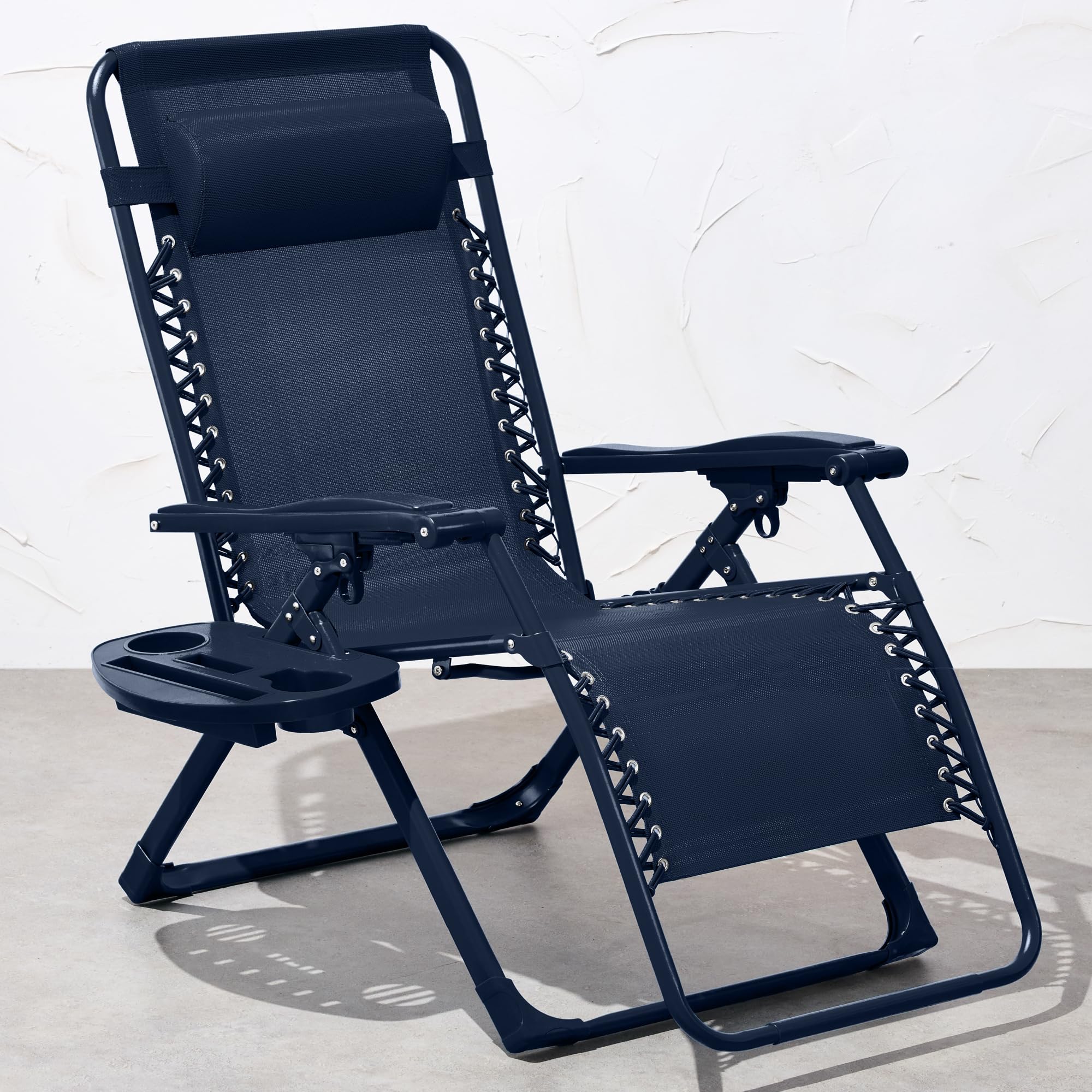 Best Choice Products Adjustable Zero Gravity Chair, Monochromatic Color Folding Patio Recliner w/Side Tray, Headrest - Navy