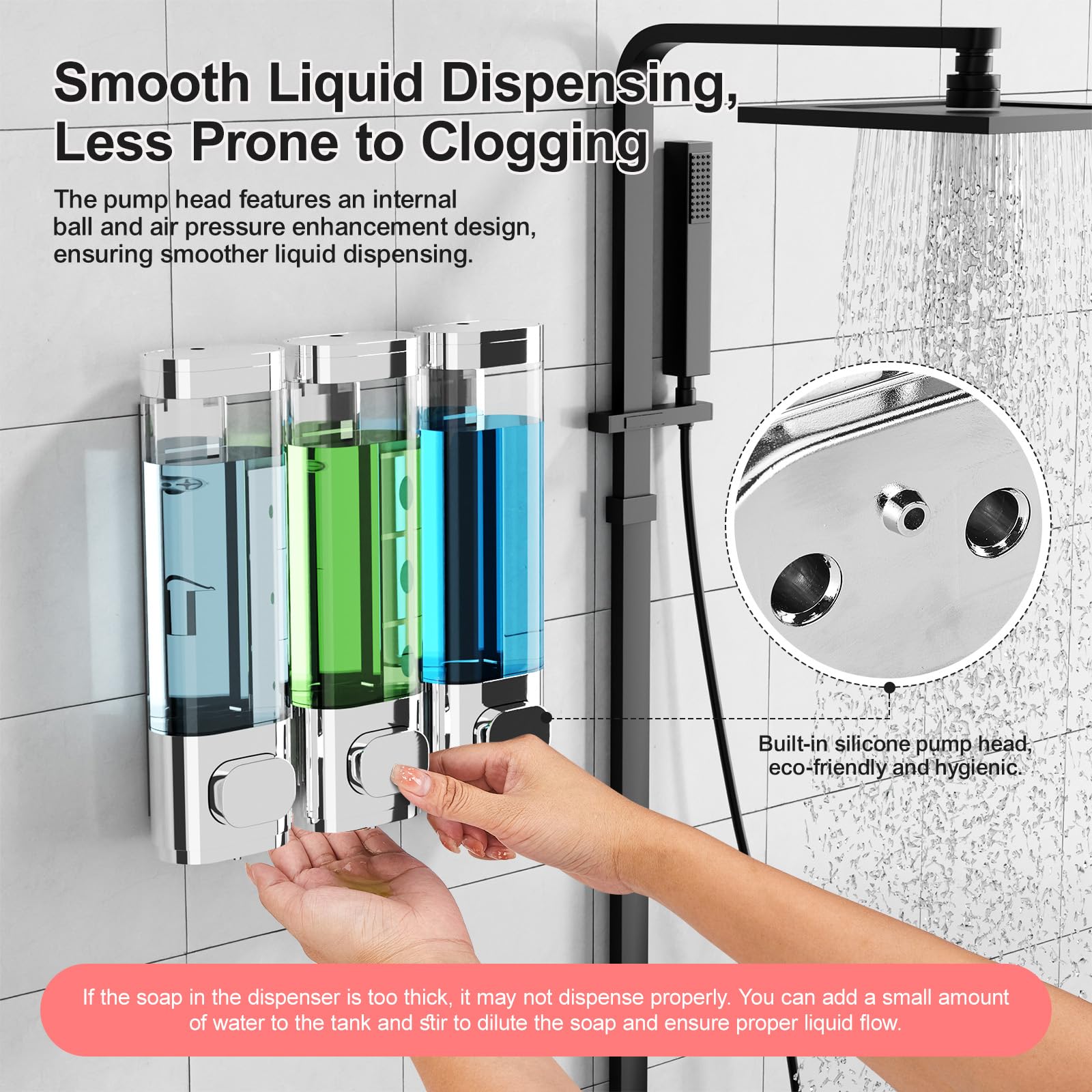 3-Chamber Wall Mounted Shampoo and Conditioner Dispenser,300ML Each Shower Soap Dispenser,Easy Refill,No Drip,Ideal for Shampoo,Conditioner,Body Wash for Bathroom Kitchen Hotel