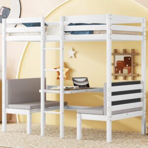 metal loft bed twin size, twin loft bed with desk and bench, twin size loft bed turn into twin bunk beds, twin loft bed with ladder and full-length guardrail(cushion sets are free), twin white