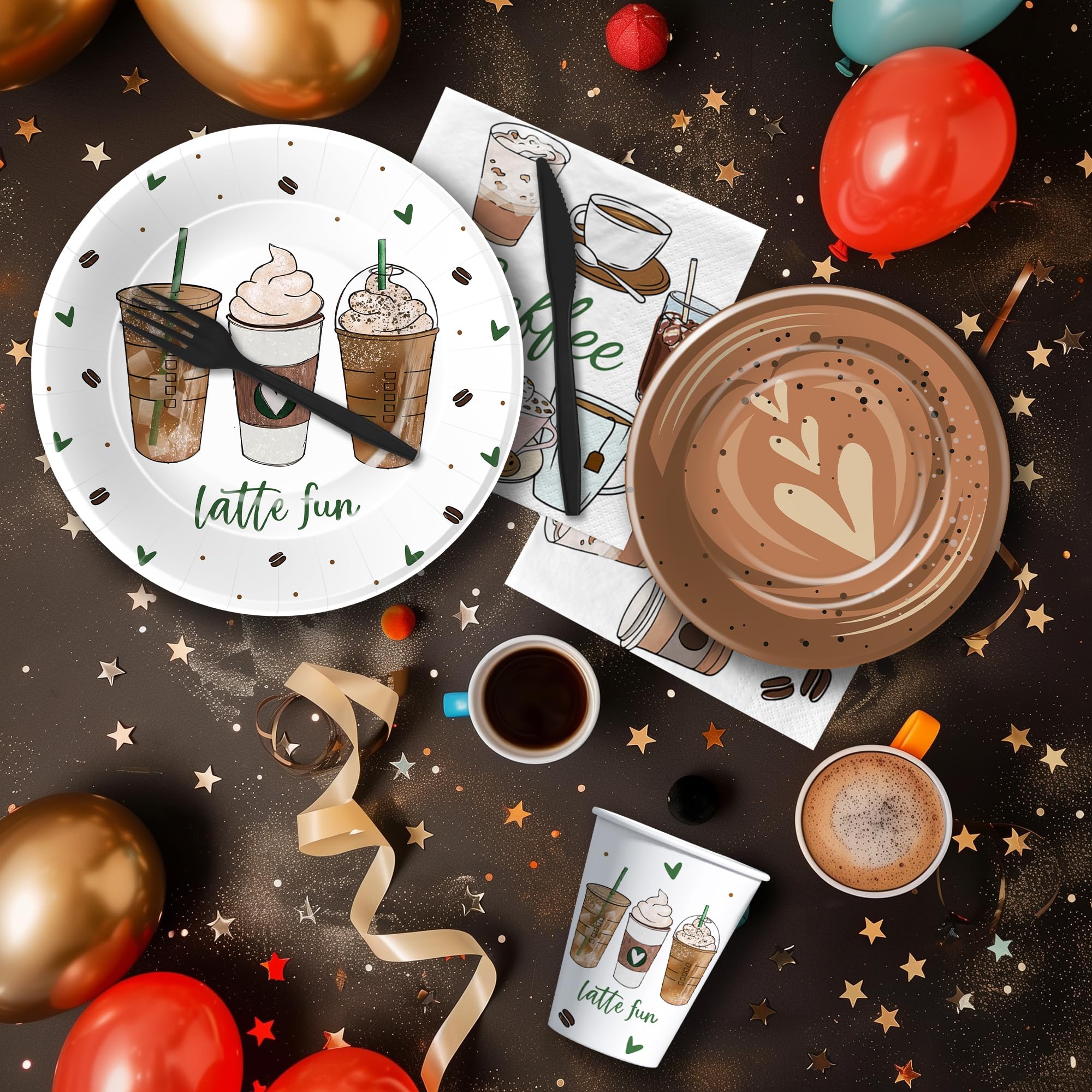 APOWBLS Coffee Party Decorations Tableware - Coffee Birthday Party Supplies, Paper Plate, Cup, Napkin, Disposable Cutlery, Latte Fun Coffee Theme Birthday Baby Shower Table Decorations | Serve 24