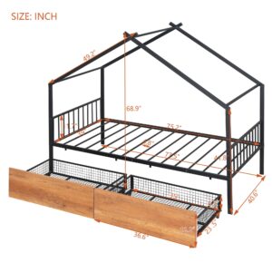 Metal House Bed for Kids, Twin Size Bed Frame with Storage Drawers and Slats, Kids Bed Frame with Headboard and Footboard, Twin Size House Bed for Kids, Girls, Boys(Twin Black)