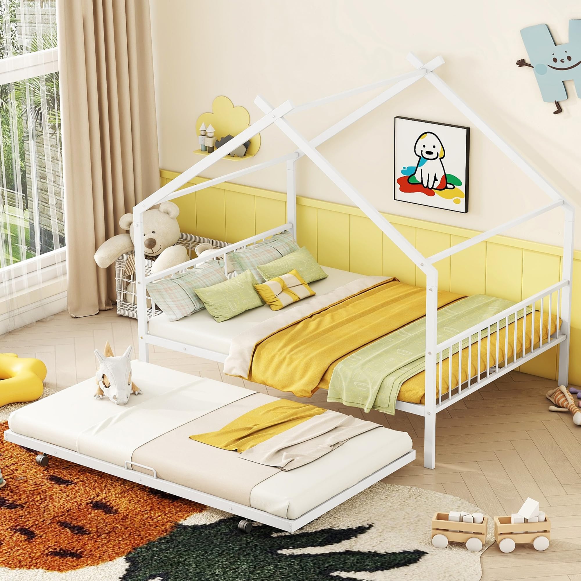 Metal House Bed for Kids, Full Size Bed Frame with Trundle Bed Twin, Kids Bed Frame with Headboard and Footboard, Full Size House Bed for Kids, Girls, Boys(Full White)