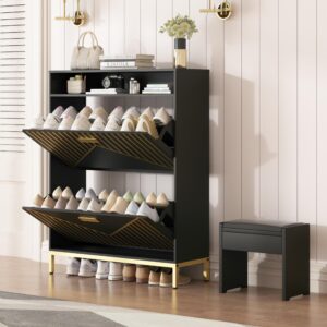 FFBCFDK Shoe Cabinet Storage for Entryway,Shoe Storage Cabinet with 2 Flip Drawers, Shoe Organizer Cabinet with 2 Tier Narrow Shoe Rack Organizer Wooden Shoe Rack for Front Door Entrance, Closet