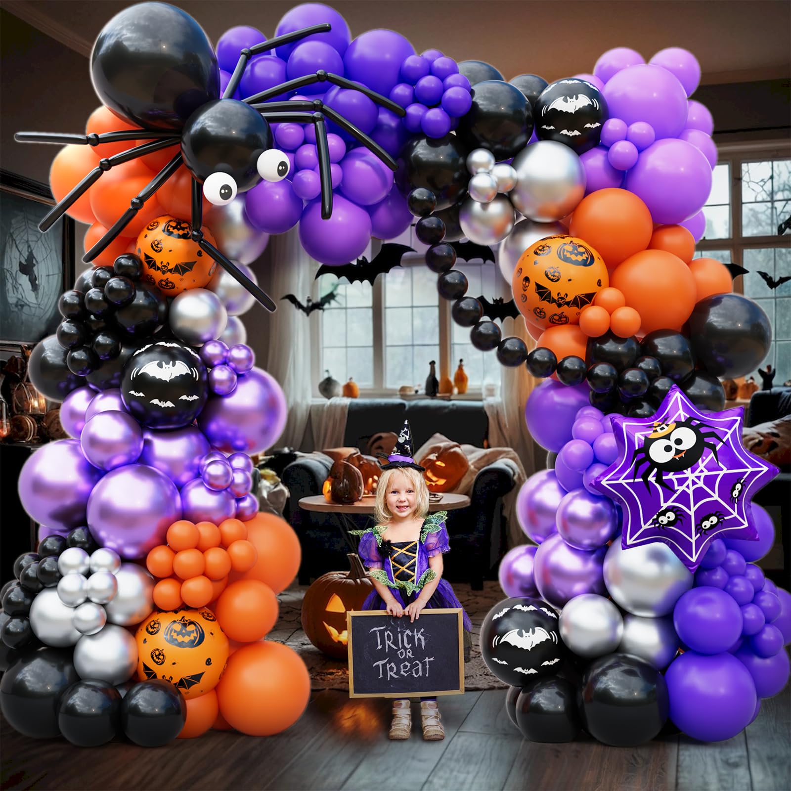 DBKL 176Pcs Halloween Balloon Garland Arch kit with Black Orange Silver Purple Eyes Balloons, Pumpkin Spider Boo Foil Balloons Halloween Party Decorations for Halloween Day Birthday Party Supplies