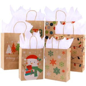 suncolor pack of 24 brown christmas gift bags assorted sizes with tissue paper (8 large 13", 8 medium 11", 8 small 9")