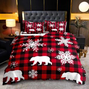 luvivihome 3pcs christmas bear comforter set queen size, white snowflake red black plaid xmas holiday cabin christmas bedding for kids girls boys, christmas bedroom decor, 2 pillow shams