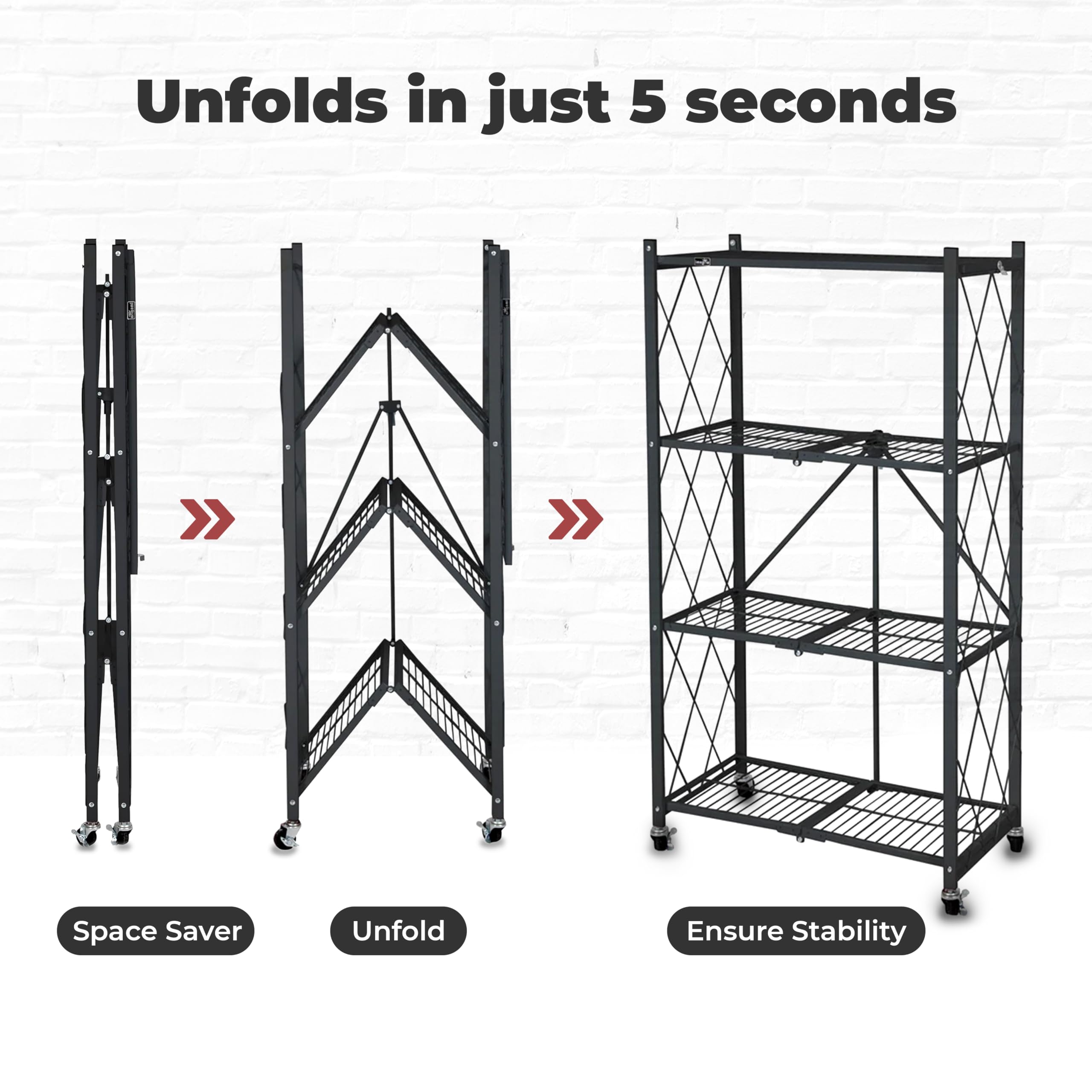 Origami 4 Tier Folding Storage Powder Coated Steel Garage Shelving Unit Indoor Home Portable Organizer Rack with Wheels, Set of 2, Black