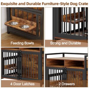 GarveeLife Large Dog Crate Furniture, 41inch Furniture Dog Crate with Drawers Storage, 360°and Adjustable Raised Feeder, Wooden Dog Crate for Large/Medium Dog Indoor Brown 41inch