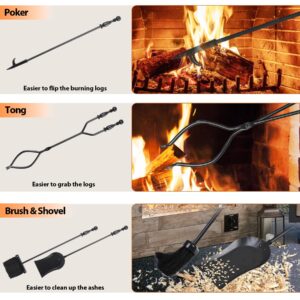 JupiterForce 5 Pieces Fireplace Tools Sets Indoor Outdoor Wrought Iron Large Fire Place Set Tools, Fire Pit Tools with Poker Shovel Tongs Brush and Stand, Black