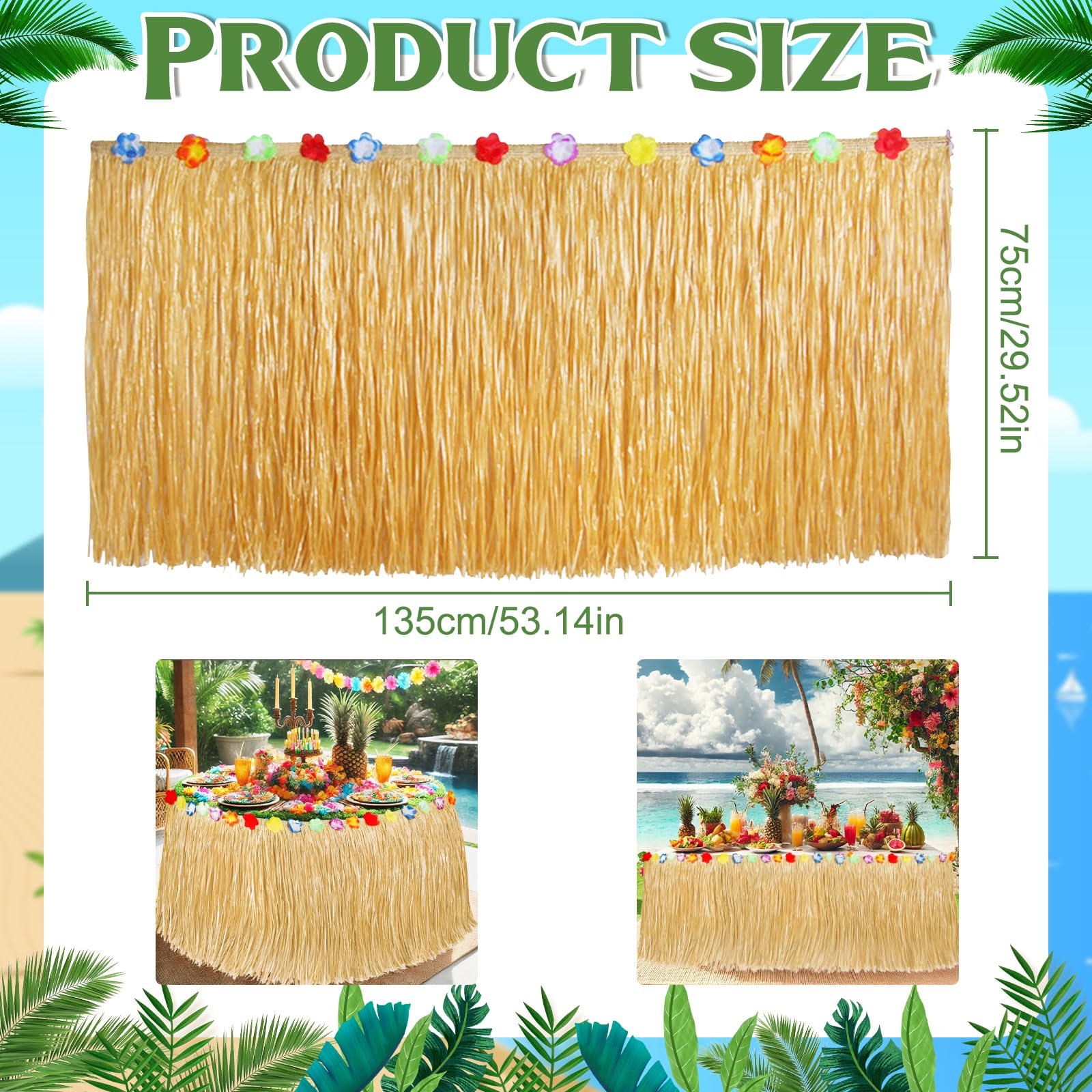 Luau Party Decorations, Grass Table Skirt for Tropical Hawaiian Party Decorations, Flower Hawaiian Luau Party Favors & Aloha Summer Beach Themed Party Decorations Suppplies (2PCS Straw Yellow)