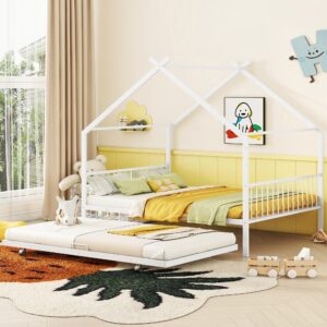 Metal House Bed for Kids, Full Size Bed Frame with Trundle Bed Twin, Kids Bed Frame with Headboard and Footboard, Full Size House Bed for Kids, Girls, Boys(Full White)