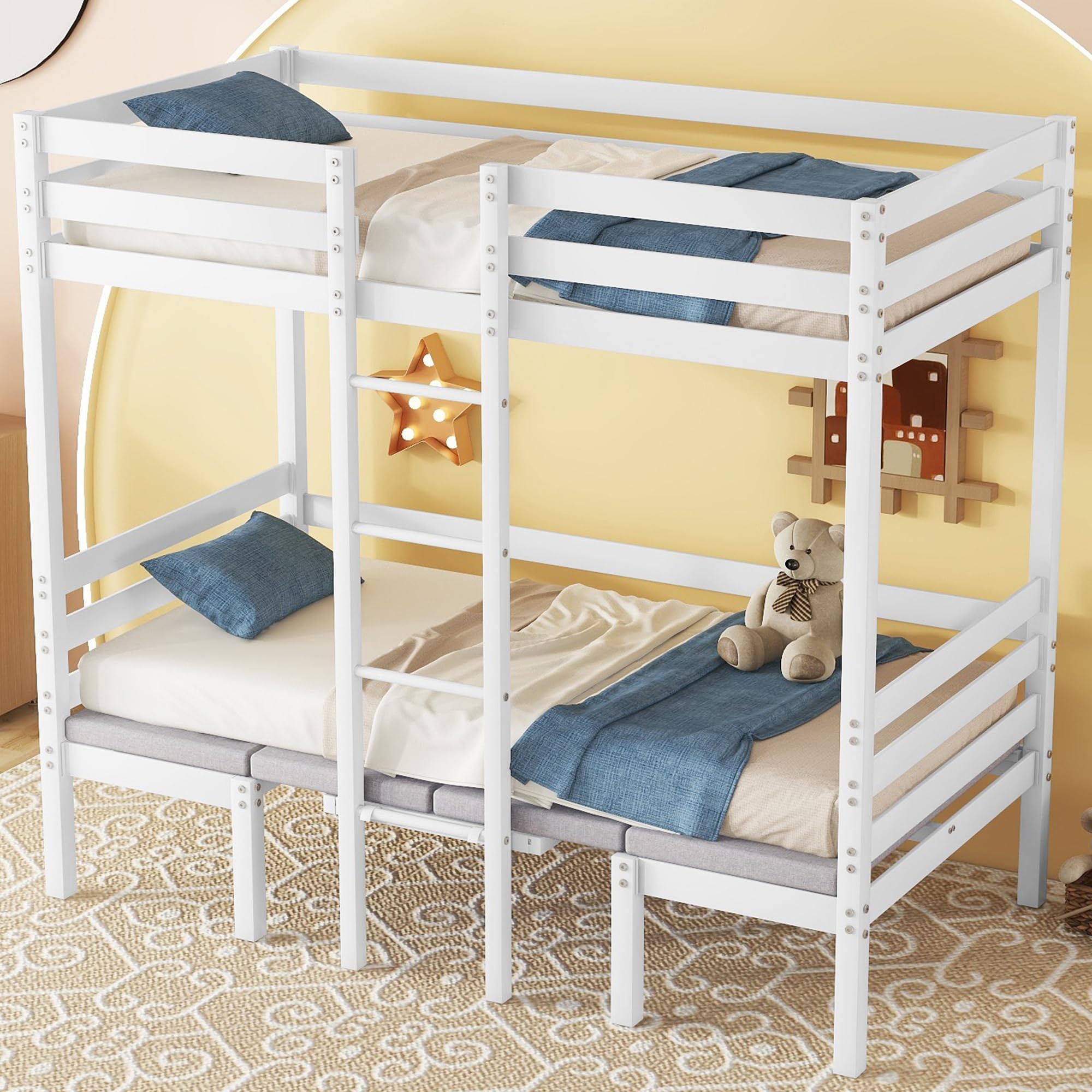 Metal Loft Bed Twin Size, Twin Loft Bed with Desk and Bench, Twin Size Loft Bed Turn into Twin Bunk Beds, Twin Loft Bed with Ladder and Full-Length Guardrail(Cushion Sets are Free), Twin White