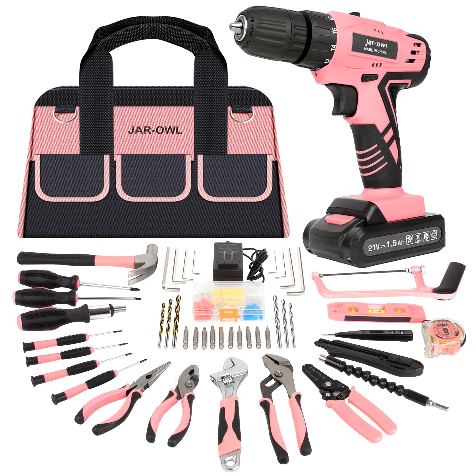 Jar-Owl 21V Pink Drill Set Tool Kit Set Power Drill for Women DIY with Storage Bag Tool Box,350 in-lb Torque, 0-1350RMP Variable Speed, 10MM 3/8'' Keyless Chuck, 1.5Ah Li-Ion Battery for Home Tool Kit