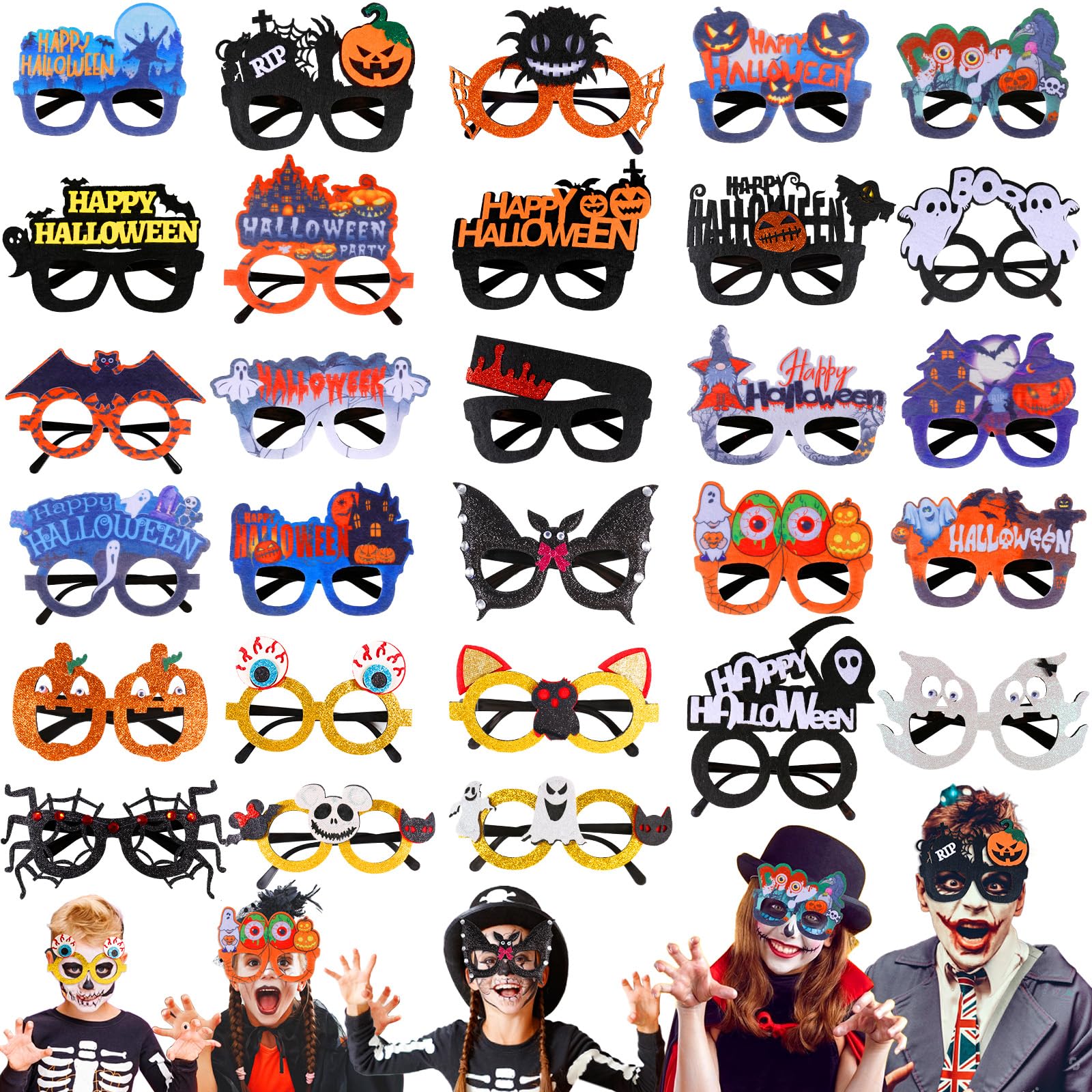 28PCS Halloween Glasses Bulk Glitter Party Glasses, Fun Novelty Toy Glasses for Cosplay and Photo Booth Props, Ideal Halloween Decorations for Both Kids and Adults, Includes Pumpkin, Spider, Ghost