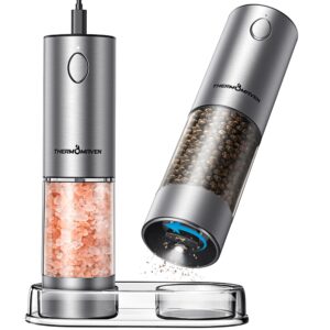 thermomaven electric salt and pepper grinder set, 2.5 oz larger rechargeable automatic salt and pepper mill grinder with 6 adjustable coarseness, electric salt and pepper shakers, led, 2 packs, silver