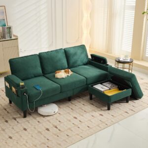 plococo l shaped combo sofa with storage ottoman, 3 seat couch with usb-a and type-c port, upholstered sectional couch with cup holder and armrest storage (green-l-shaped, l-shaped)