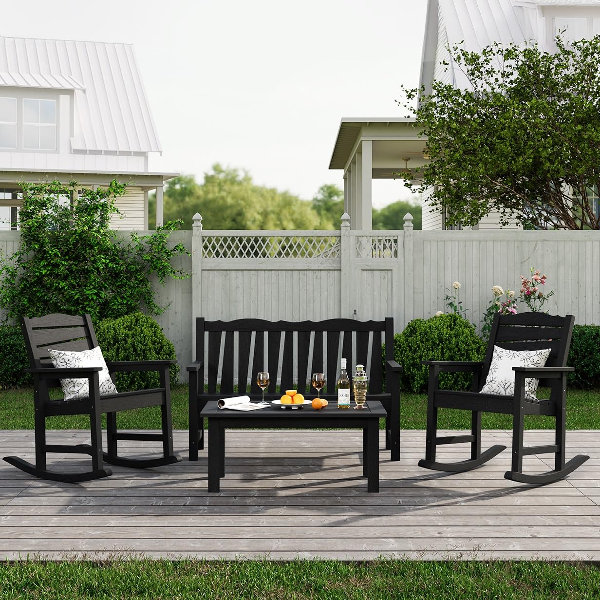 LAHAAP Outdoor Rocking Chairs Set, Weatherproof HIPS Outdoor Furniture, Include 2 Patio Rocking Chairs + Outdoor Bench, Suit for Garden, Porch, Lawn & Backyard(Black)