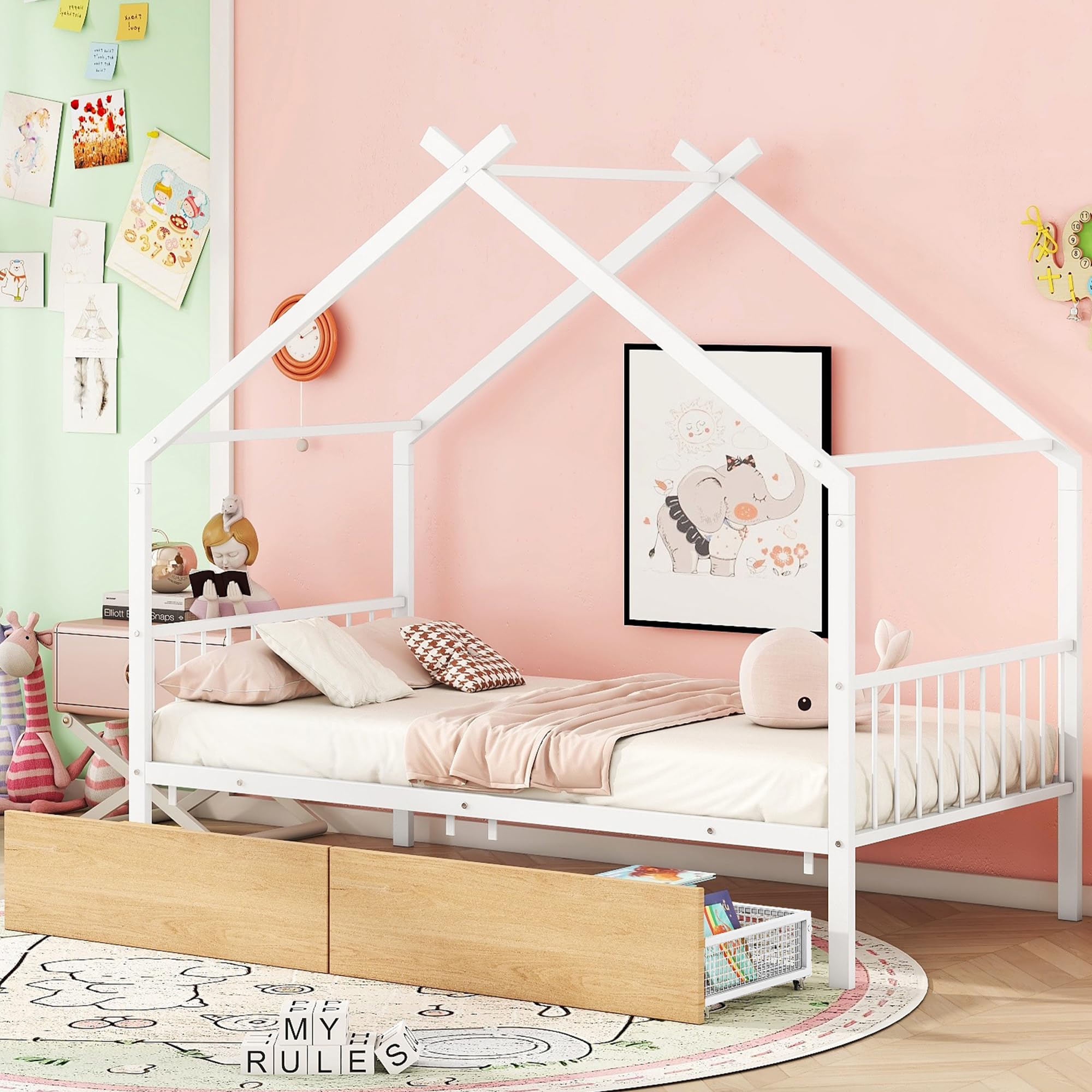 Metal House Bed for Kids, Twin Size Bed Frame with Storage Drawers and Slats, Kids Bed Frame with Headboard and Footboard, Twin Size House Bed for Kids, Girls, Boys(Twin White)