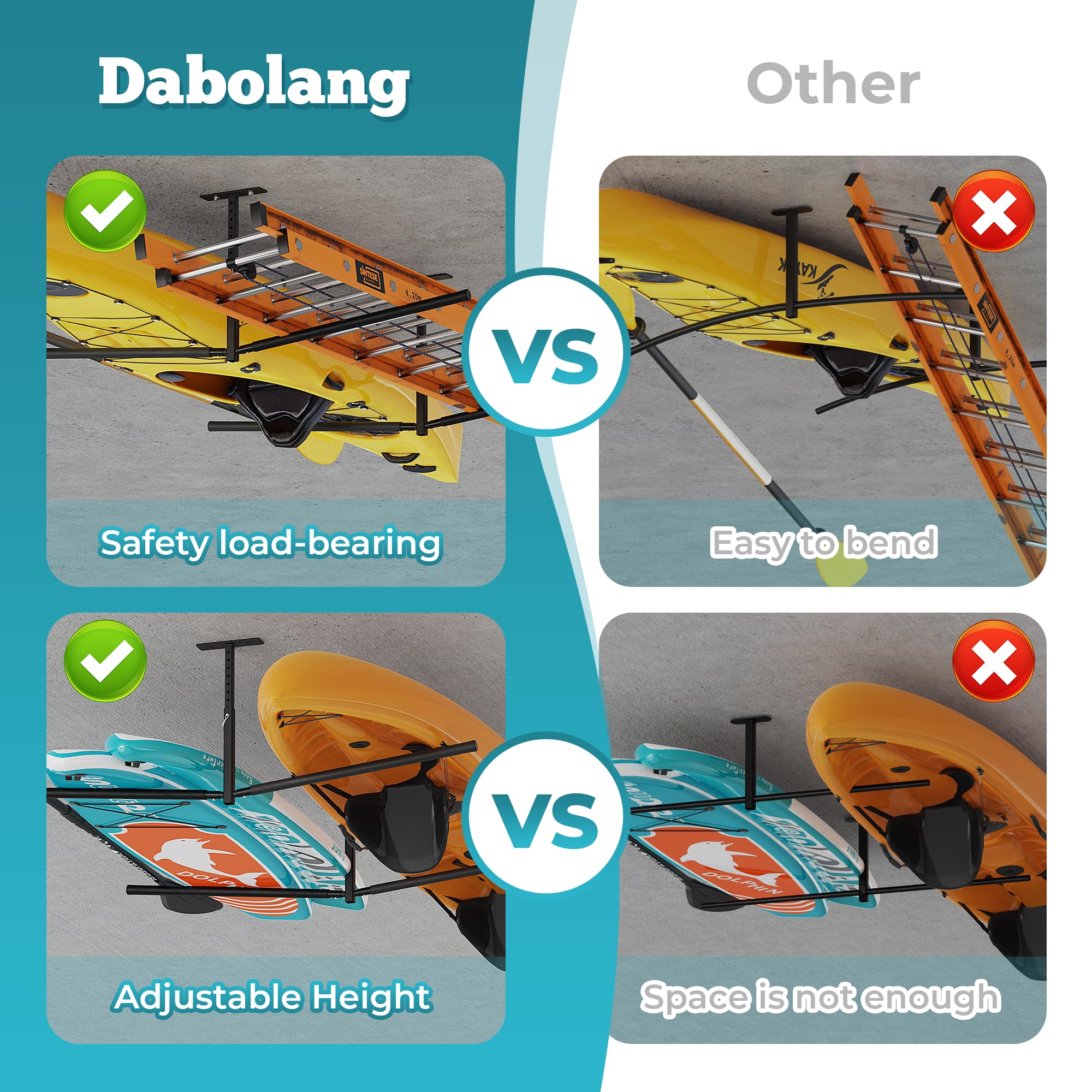 Dabolang Adjustable Ladder Ceiling Rack, Garage Surf Storage, Heavy Duty Overhead Paddleboard Hanger, Kayak Ceiling Mount Rack for Telescopic Ladder/Snowboard/Lumber. Double-sided