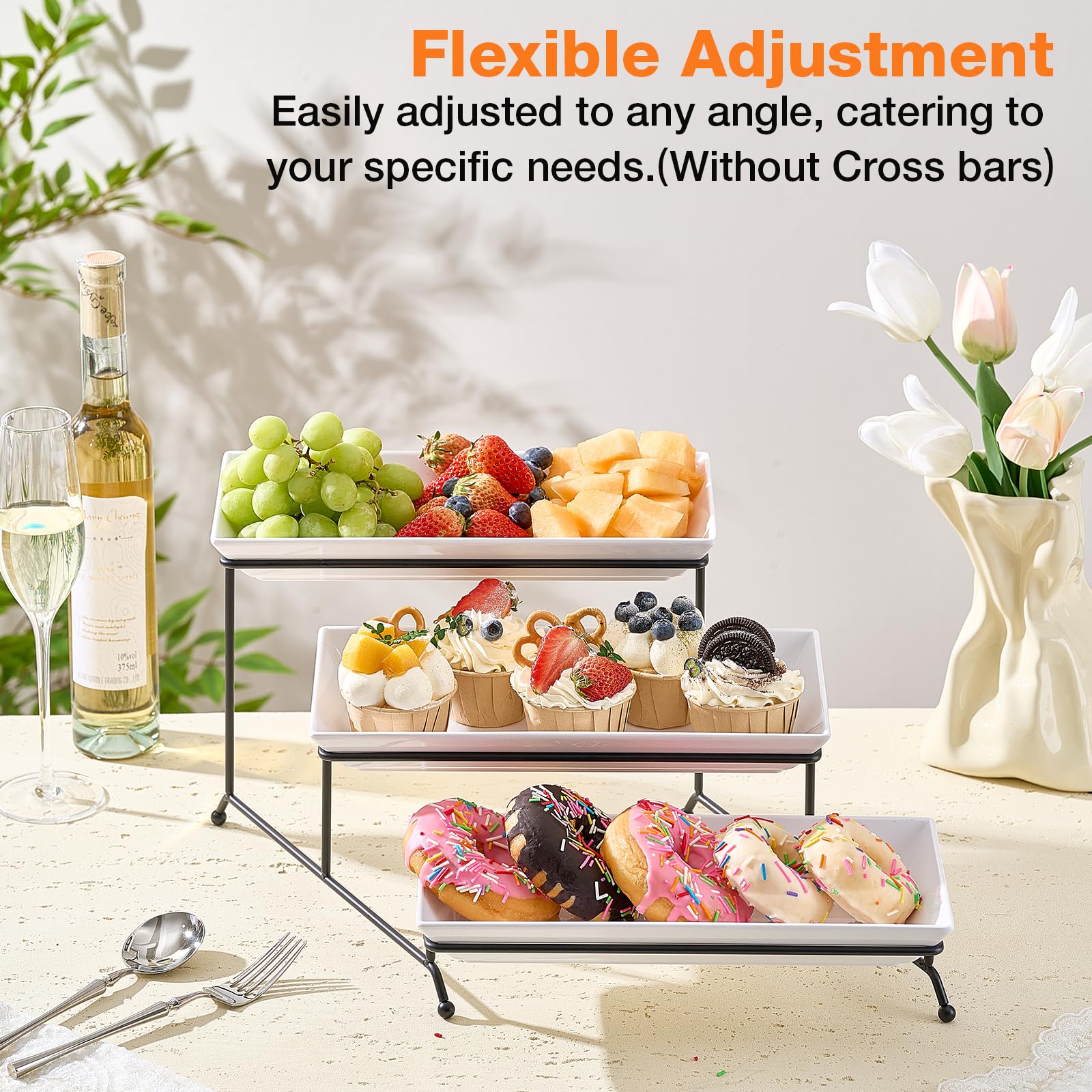 Mfacoy 3 Tier Serving Tray Set, 12" Tiered Serving Trays Platters, Reusable Serving Tray for Party, Collapsible Sturdier Stand with Stable Cross Bars, Serving Platters for Veggie, Fruit, Dessert