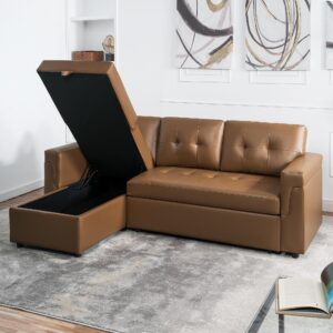 naomi home 85 in. convertible sofa with storage, reversible l shape sofa couch with chaise, comfy sectional couches for living room, mocha - air leather