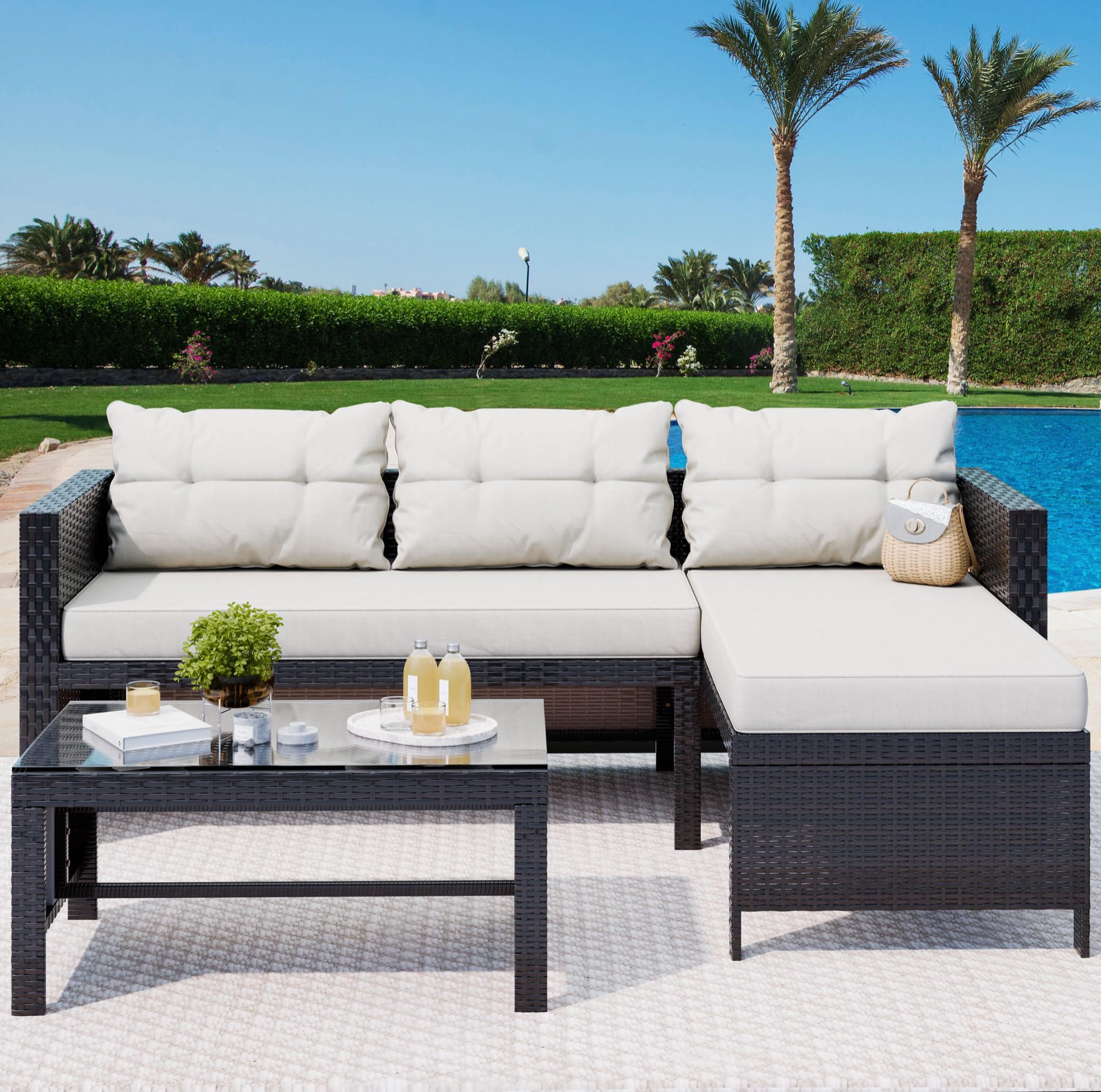 Vongrasig 3 Piece Patio Furniture Sets, All-Weather PE Wicker Outdoor Sofa Couch Sectional Set, Small Conversation Set for Garden/Patio w/Cushion, Glass Table, Beige