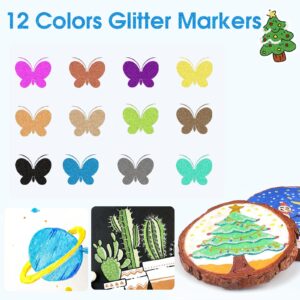 Celepen Glitter Marker Pens, 12 Colors Metallic Shimmer Glitter Markers Paint Pens, Glitter Art Marker for Kids Adults DIY Crafts Greeting Birthday Cards Making Poster Album Scrapbooking Wood