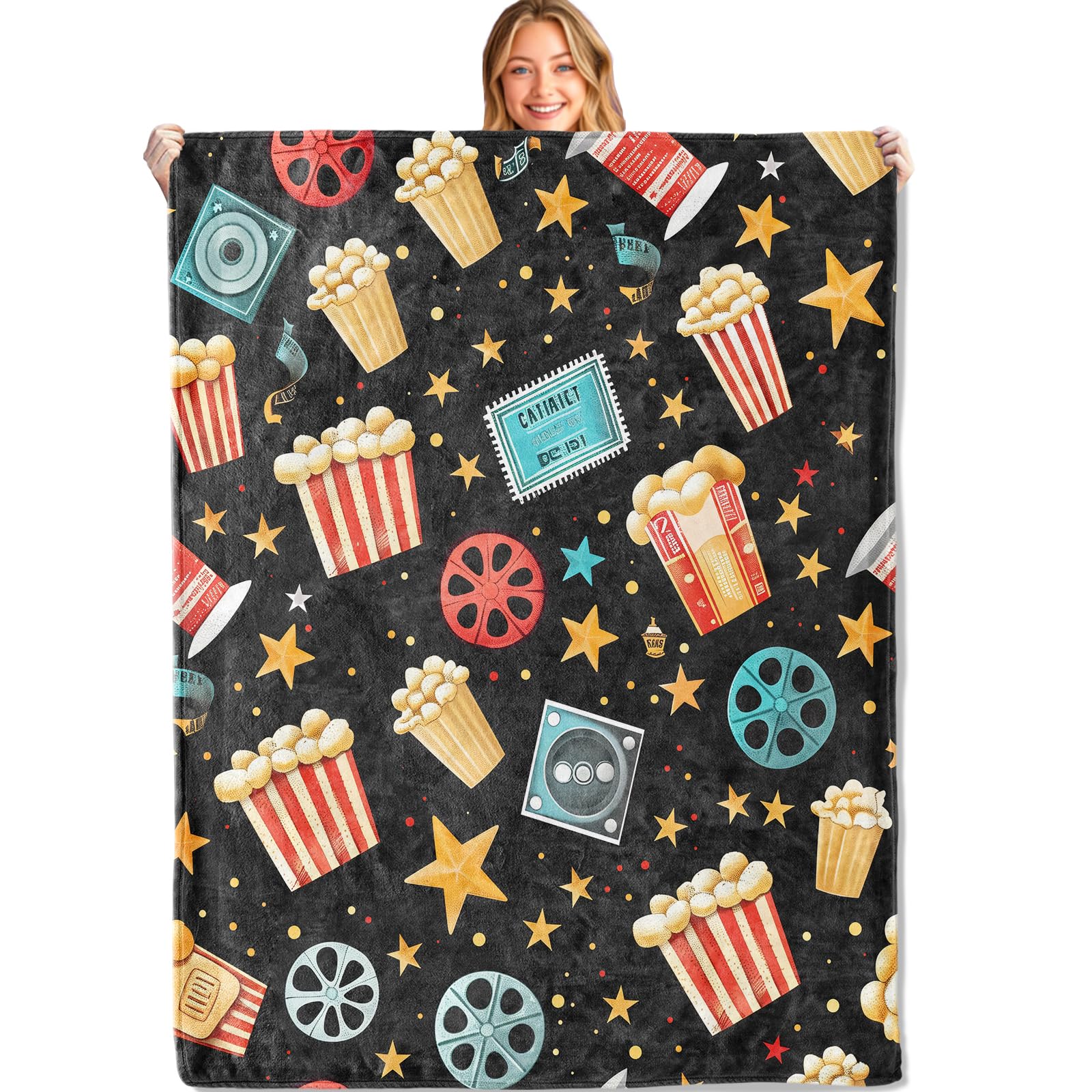 MIEPOS Popcorn Film Reels, and Star Throw Blanket - 50x60in,Ultra Soft, Cozy Lightweight Flannel,Movie Night Blankets - Gifts for Kids Boys Girls,for Couch Office Travel,Home Living Room Decor