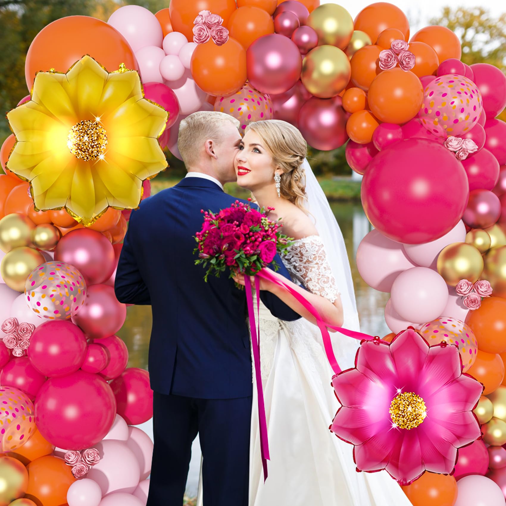 Ouddy Life Pink and Orange Balloons Arch Kit Party Decorations, 183 Pcs Hot Pink Orange Gold Metallic Confetti Flower Foil Balloon for Fall Tropical Summer Birthday Baby Shower Wedding Party Supplies