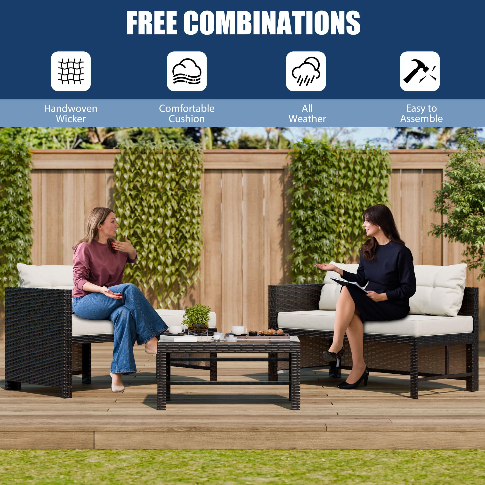 Vongrasig 3 Piece Patio Furniture Sets, All-Weather PE Wicker Outdoor Sofa Couch Sectional Set, Small Conversation Set for Garden/Patio w/Cushion, Glass Table, Beige