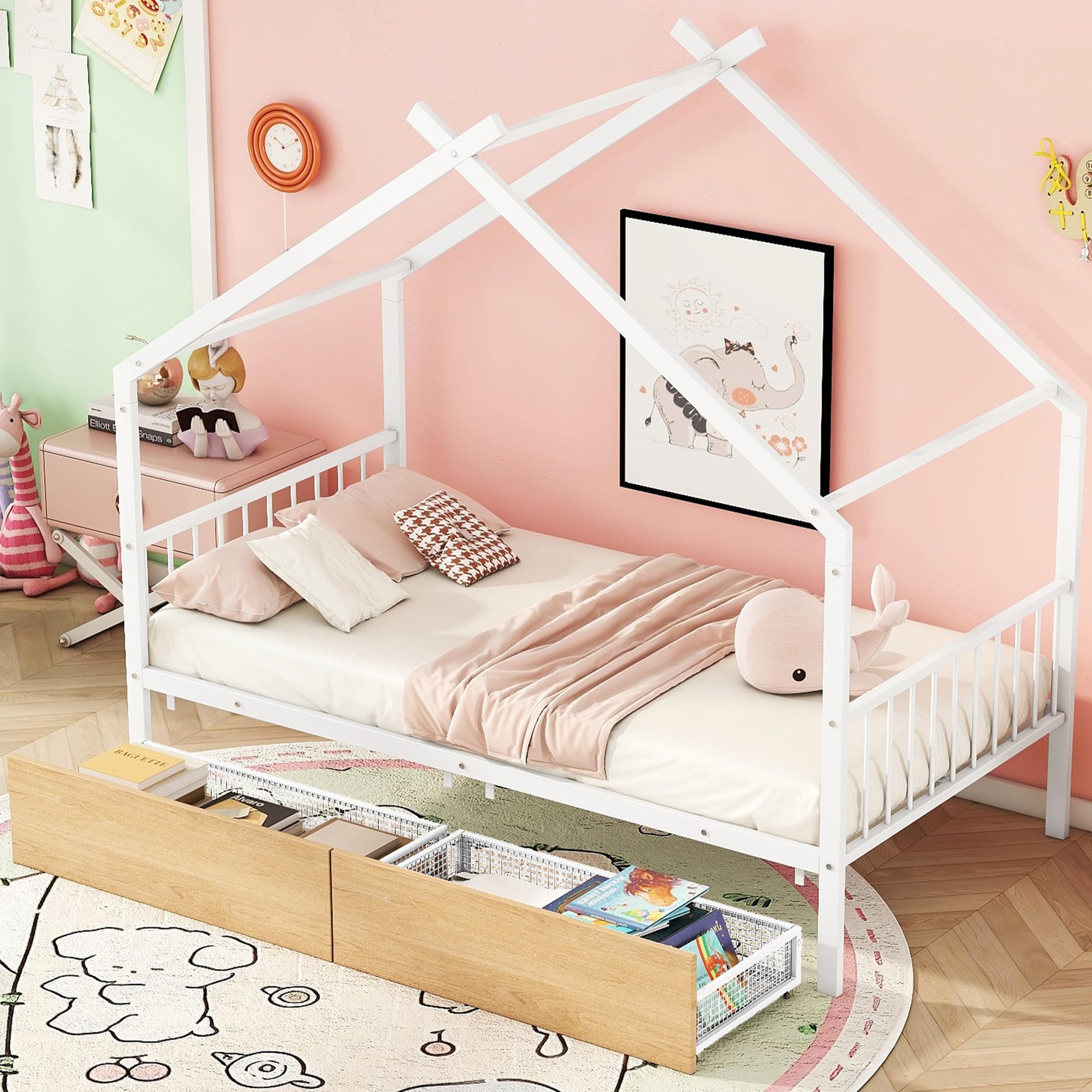 Metal House Bed for Kids, Twin Size Bed Frame with Storage Drawers and Slats, Kids Bed Frame with Headboard and Footboard, Twin Size House Bed for Kids, Girls, Boys(Twin White)