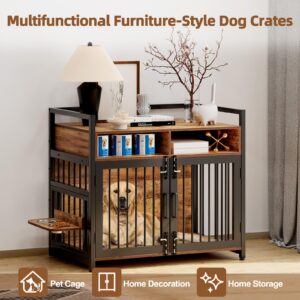 GarveeLife Large Dog Crate Furniture, 41inch Furniture Dog Crate with Drawers Storage, 360°and Adjustable Raised Feeder, Wooden Dog Crate for Large/Medium Dog Indoor Brown 41inch