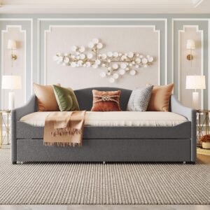 Full Size Upholstered Daybed with Trundle,Teddy Fleece Full Daybed Frame,Full Day Bed with LED Light,Tufted Sofa Bed Daybed for Bedroom,Living Room,Guest,Gray