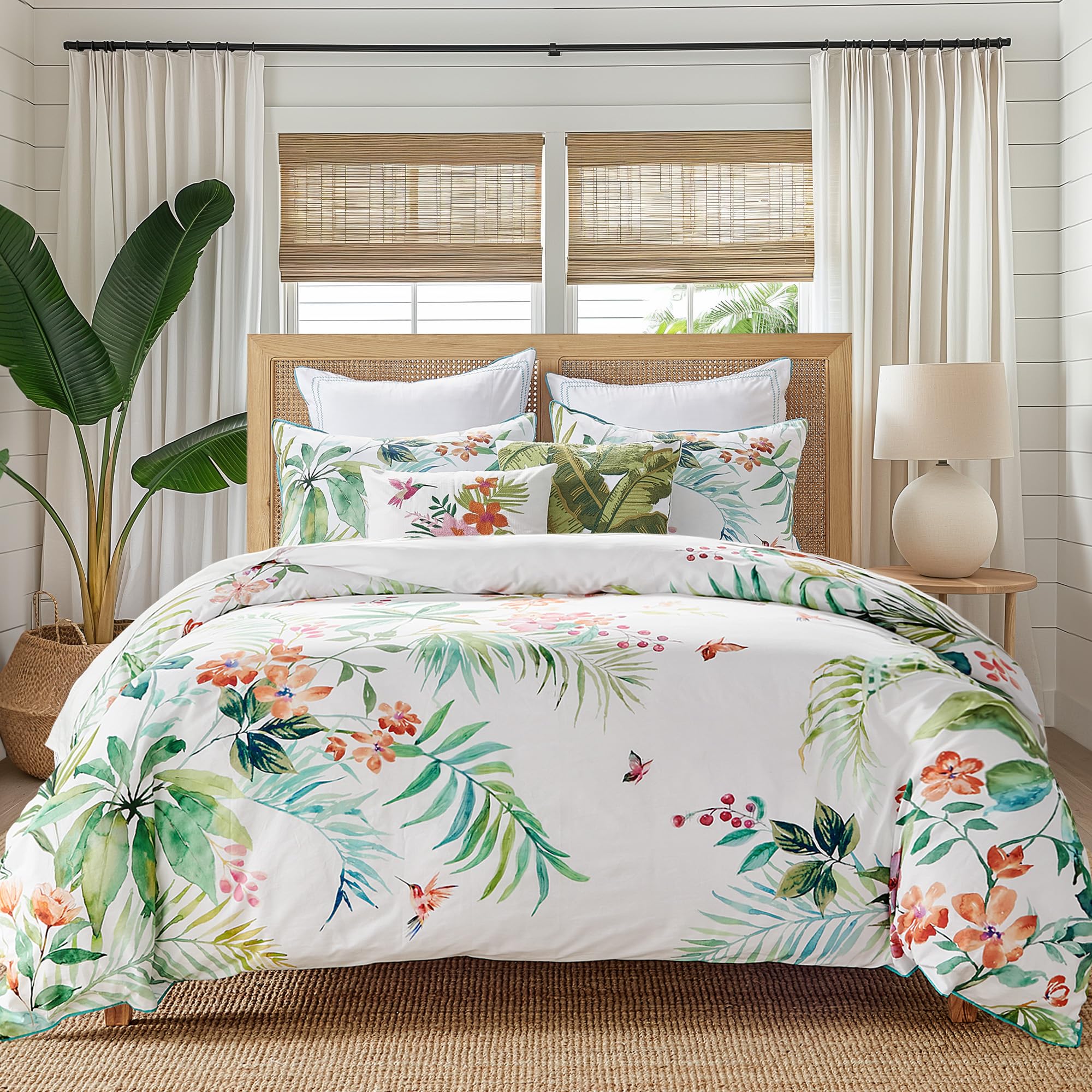 Levtex Home - Hummingbird Grove Duvet Cover Set - King Duvet Cover (106 x 94in.) + Two King Pillow Cases (36 x 20in.) - Green, Teal, Coral, Fucshia and White - Cotton