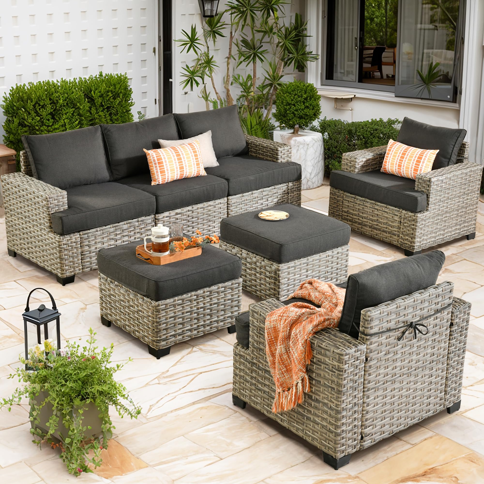 CAODOC Patio Furniture Sets 7 Pieces Outdoor Sectional Rattan Sofa Manual Weaving Wicker Patio Conversation Set with Ottomans and T Cushion(Black)