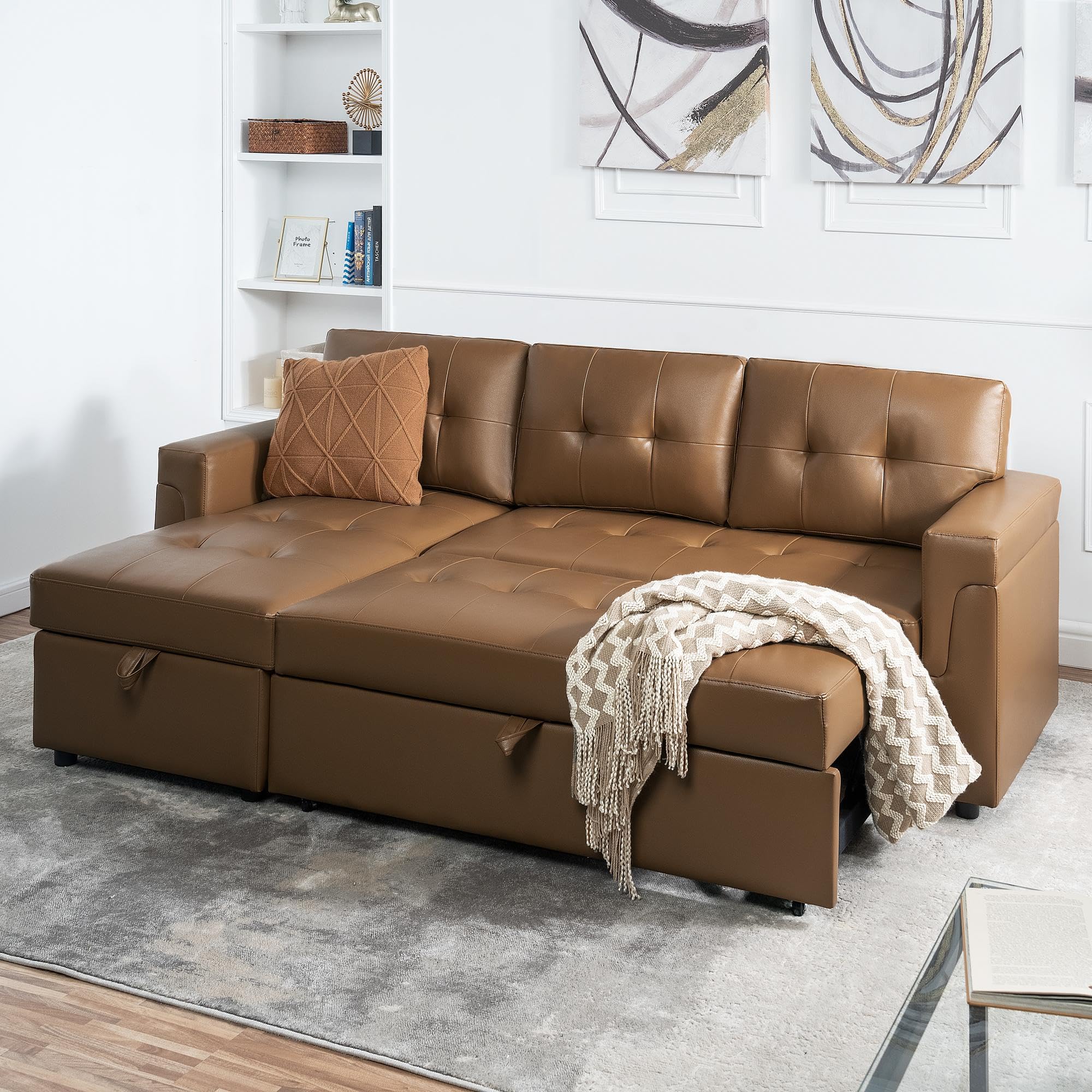 Naomi Home 85 in. Convertible Sofa with Storage, Reversible L Shape Sofa Couch with Chaise, Comfy Sectional Couches for Living Room, Mocha - Air Leather