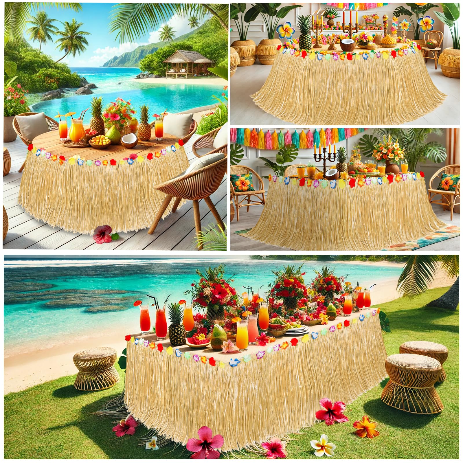 Luau Party Decorations, Grass Table Skirt for Tropical Hawaiian Party Decorations, Flower Hawaiian Luau Party Favors & Aloha Summer Beach Themed Party Decorations Suppplies (2PCS Straw Yellow)