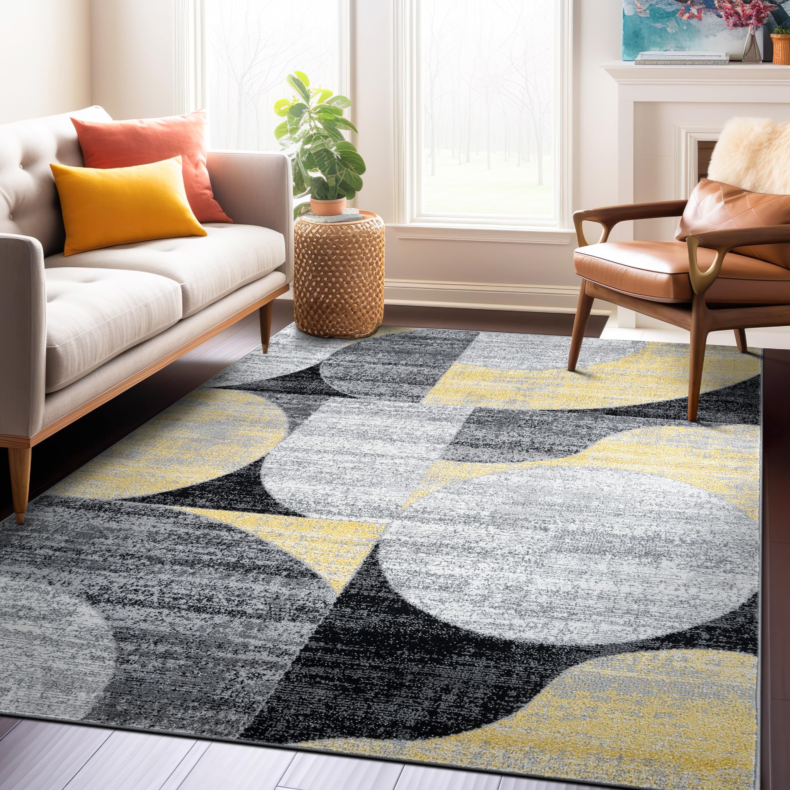 Rugshop Modern Geometric Design High Traffic Living Room,Bedroom,Kitchen, Home Office Area Rug 5' x 7' Yellow