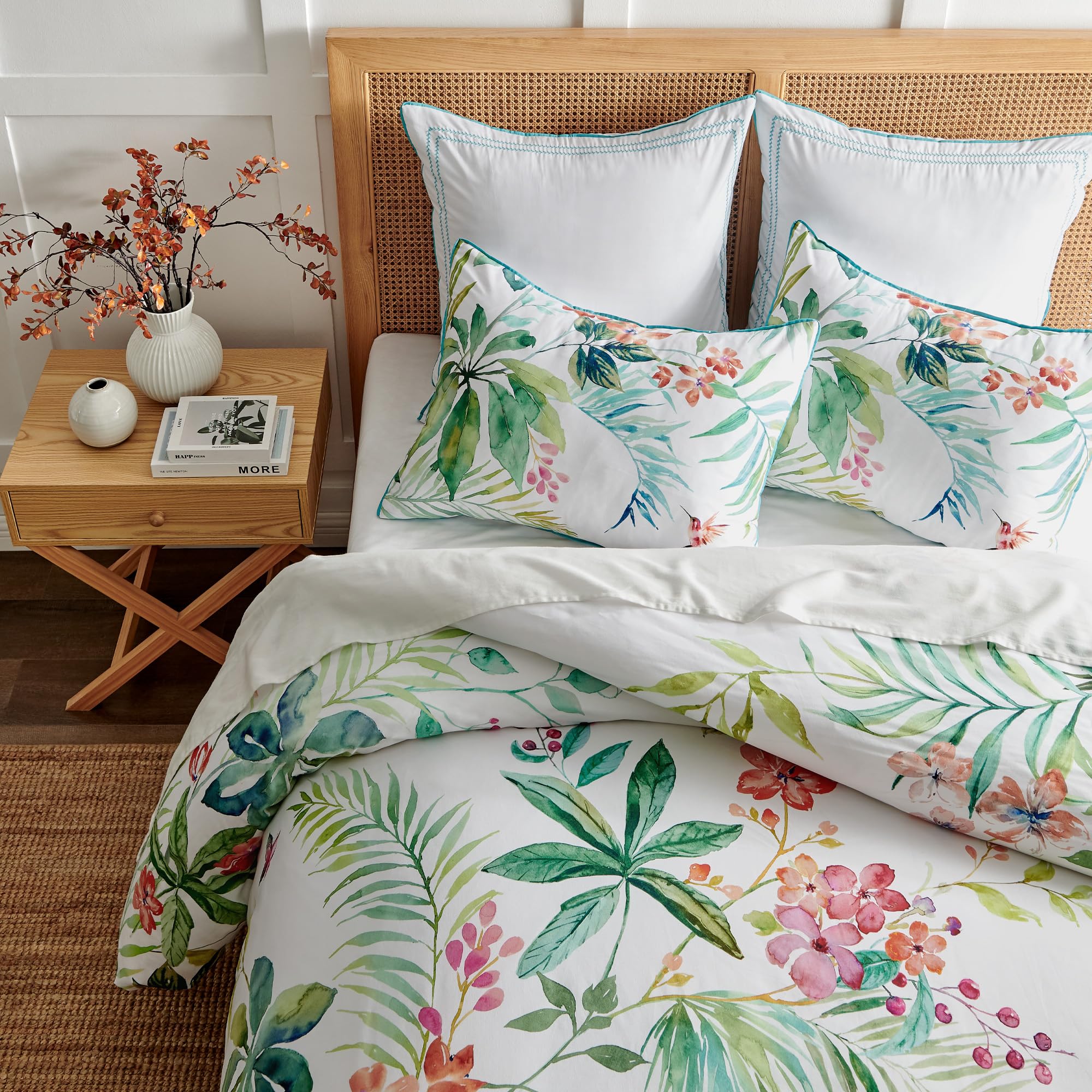 Levtex Home - Hummingbird Grove Duvet Cover Set - King Duvet Cover (106 x 94in.) + Two King Pillow Cases (36 x 20in.) - Green, Teal, Coral, Fucshia and White - Cotton